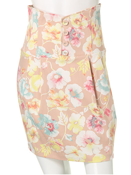 フラワープリントハイウエスト切替タックスカート