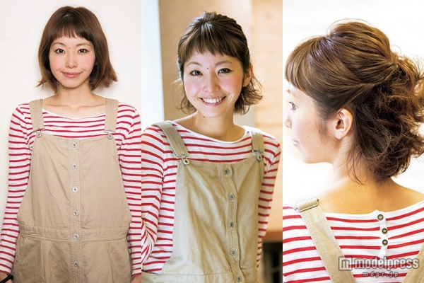 髪が変わったら印象が変わった！くるりんぱハーフアップ＋サイドねじりで女性らしく／ビフォー（左）→アフター（中央・右）（画像提供：セブン＆アイ出版）