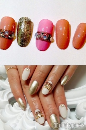 オレンジリングネイル「veige」（上）、ゴールドリングネイル「Angevogue 銀座店」（下）／画像提供クーポンランド