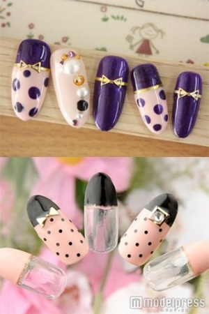 ドットりぼん「リラ ネイルサロン」（上）、ピンク×ブラックドットネイル「Diana」（下）／画像提供クーポンランド