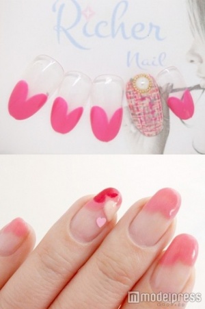 モテかわハートフレンチ「Richer」（上）、秘密のハートネイル「SPROUT」（下）／画像提供クーポンランド