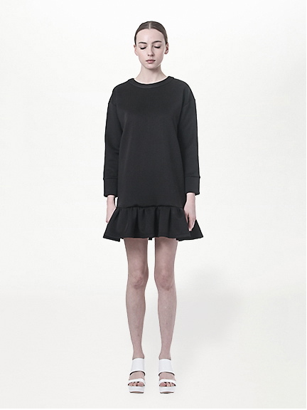 ボンディング裾フリル長袖ワンピース