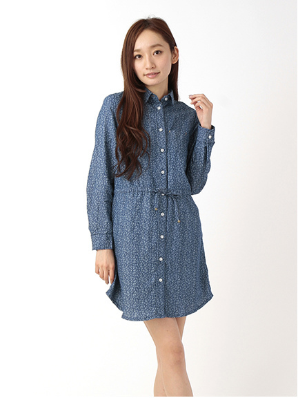 花柄抜染プリント デニム 長袖シャツワンピース